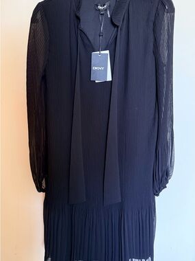 DKNY Black Long-Sleeve Pleated Tie-Neck Dress